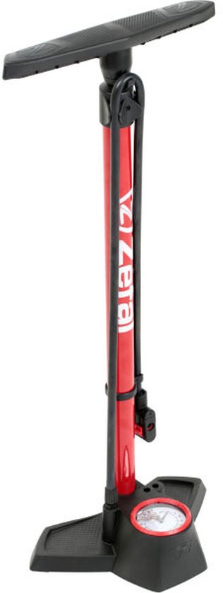 Rode fietspomp met zwarte voet, handvat en slang. Zefal logo op de cilinder.
