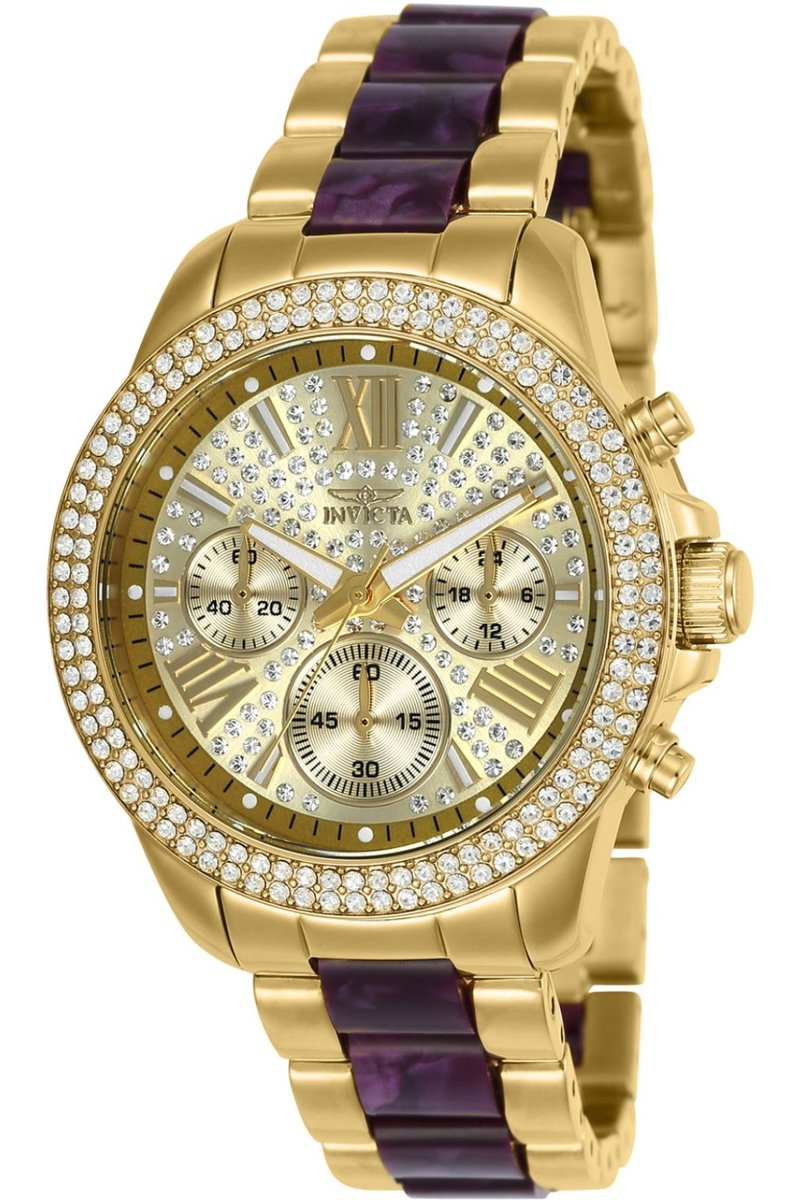 Invicta Angel 20508 Dames Horloge - Waterdicht - Analoog - Quartz Uurwerk - Roestvrij Staal met gouden Wijzerplaat - 38mm