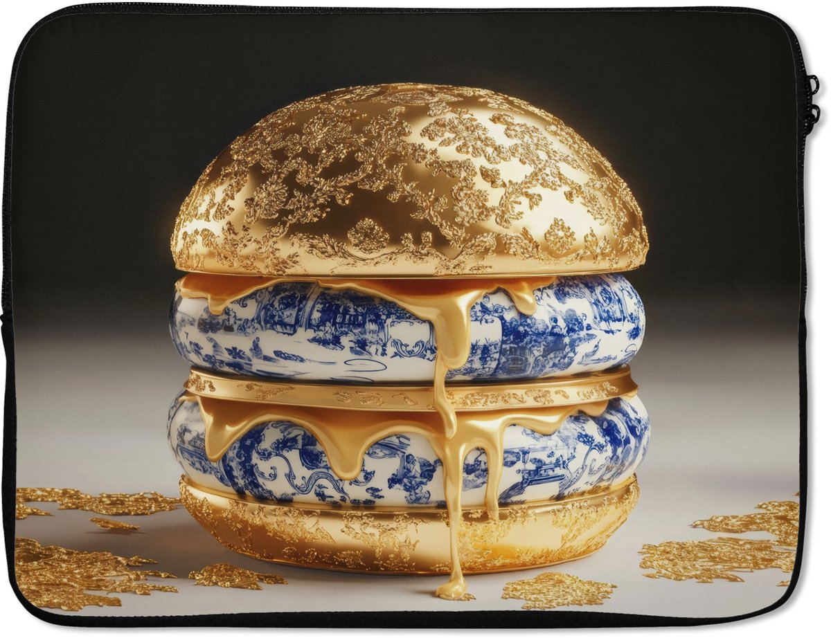 Laptophoes 17 inch - Delftsblauw - Goud - Burger - Laptop sleeve - Binnenmaat 41x28 cm - Zwarte achterkant