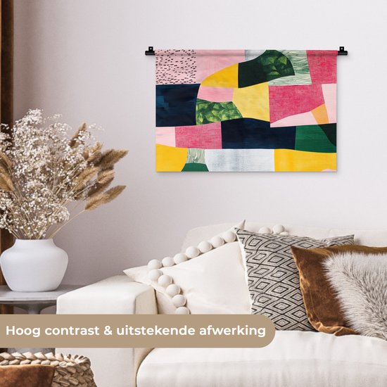 Foto: Wandkleed 60x40 cm wanddoek abstract roze lappen vormen geel wandtapijt wandkleden
