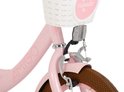 Roze fietsframe met witte mand en remhendel.