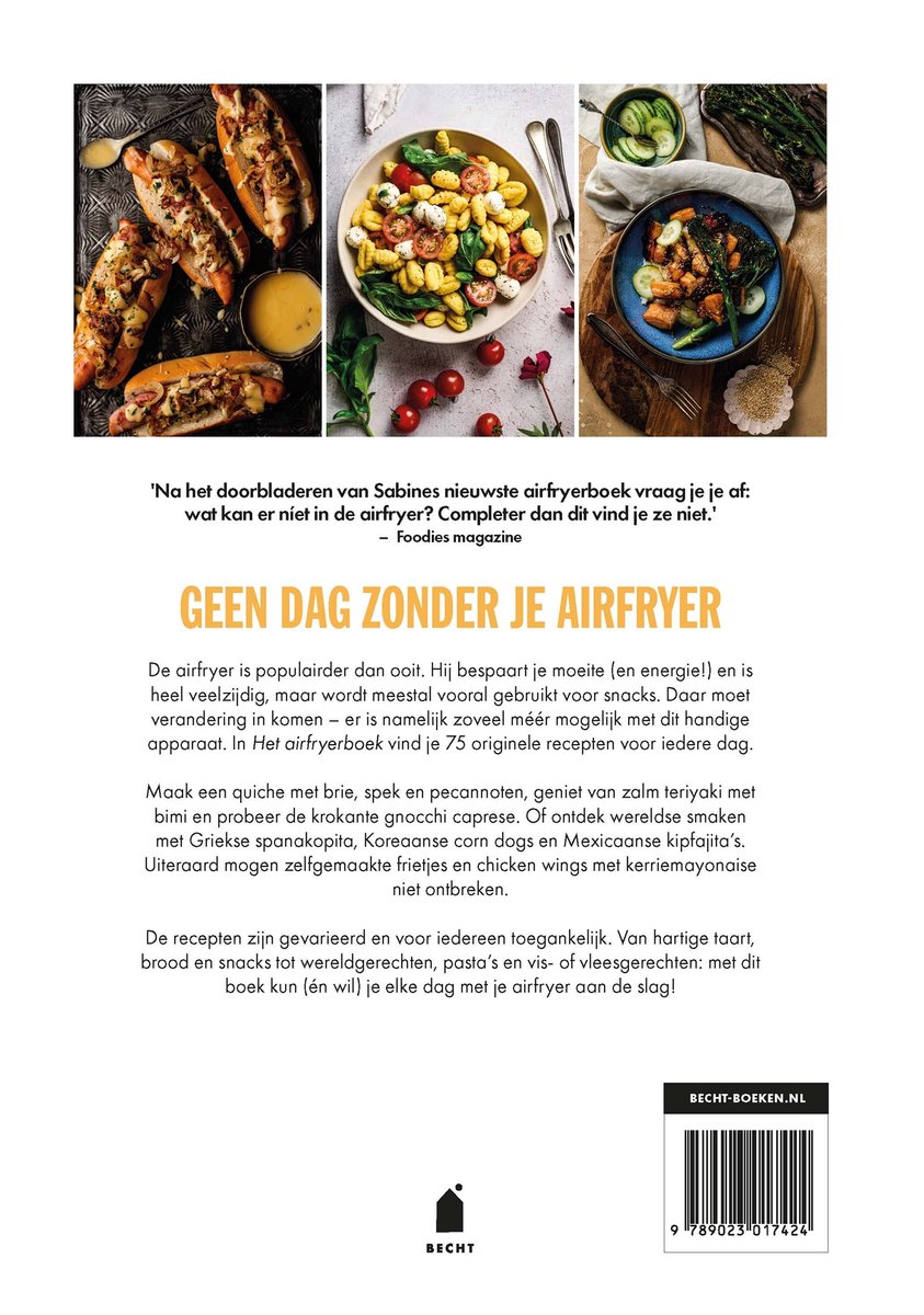 Recepten uit het airfryerboek, met hotdogs, gnocchi, gebakken zalm en gegrilde groenten.