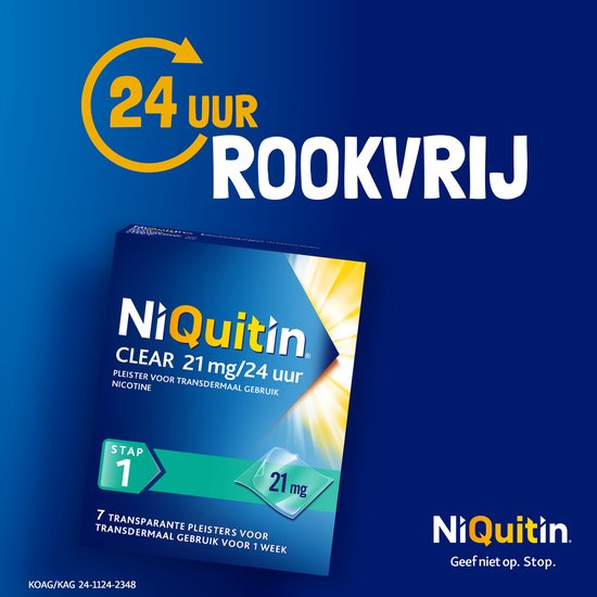 NiQuitin Clear pleister verpakking, stap 1, 21 mg/24 uur, met 7 transparante pleisters.