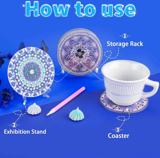 Diamond Painting onderzetters met houder,8 stuks 5D DIY Diamond Painting Mandala onderzetters,Ronde Diamond Art Cup Dranken Onderzetters, voor kopjes,Vazen,Glas,Verjaardagscadeaus