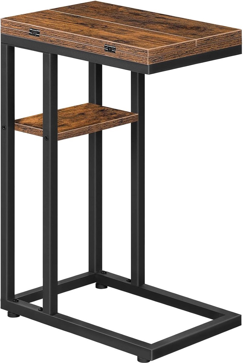Trankielo Multifunctionele C-Vormige Bijzettafel – Opvouwbaar en Verstelbaar – Perfect voor Bank, Woonkamer, Slaapkamer – Rustiek Bruin en Zwart