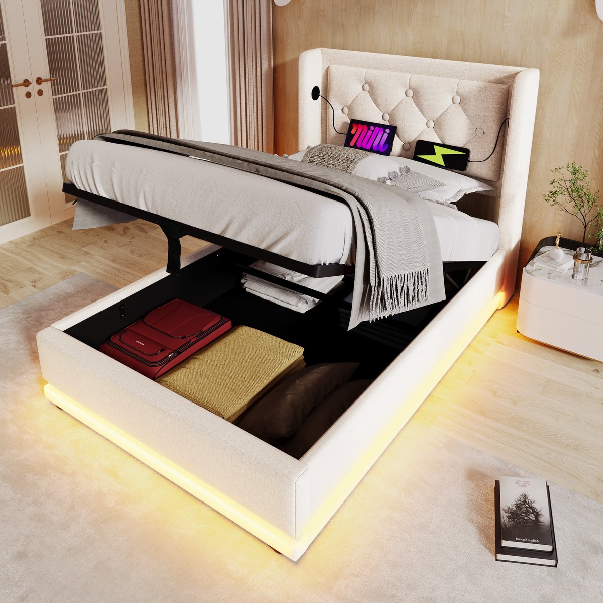 Sweiko Eenpersoonsbed - 90*200 cm - LED-verlichting - Hydraulische opbergruimte - USB Type-C oplaadfunctie - Zonder matras - Beige