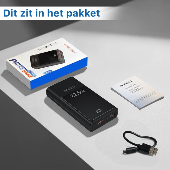 Batterie externe noire, boîte, manuel et câble. 20000mAh, 22.5W.