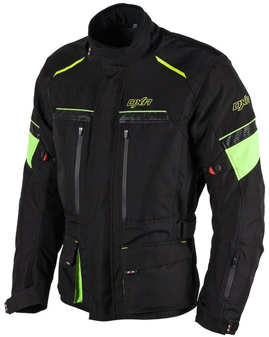 Zwarte motorjas met DXR logo, limegroene accenten op kraag, schouders en mouwen.