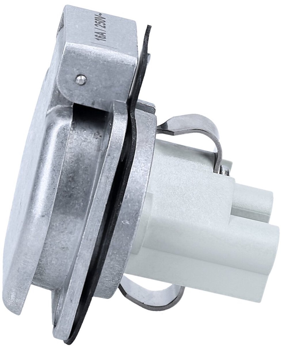 UP.M lichtmetalen inbouw-Schuko-stopcontact, ongeverfd, flenscontactdoos met scharnierend deksel, industriële contactdoos