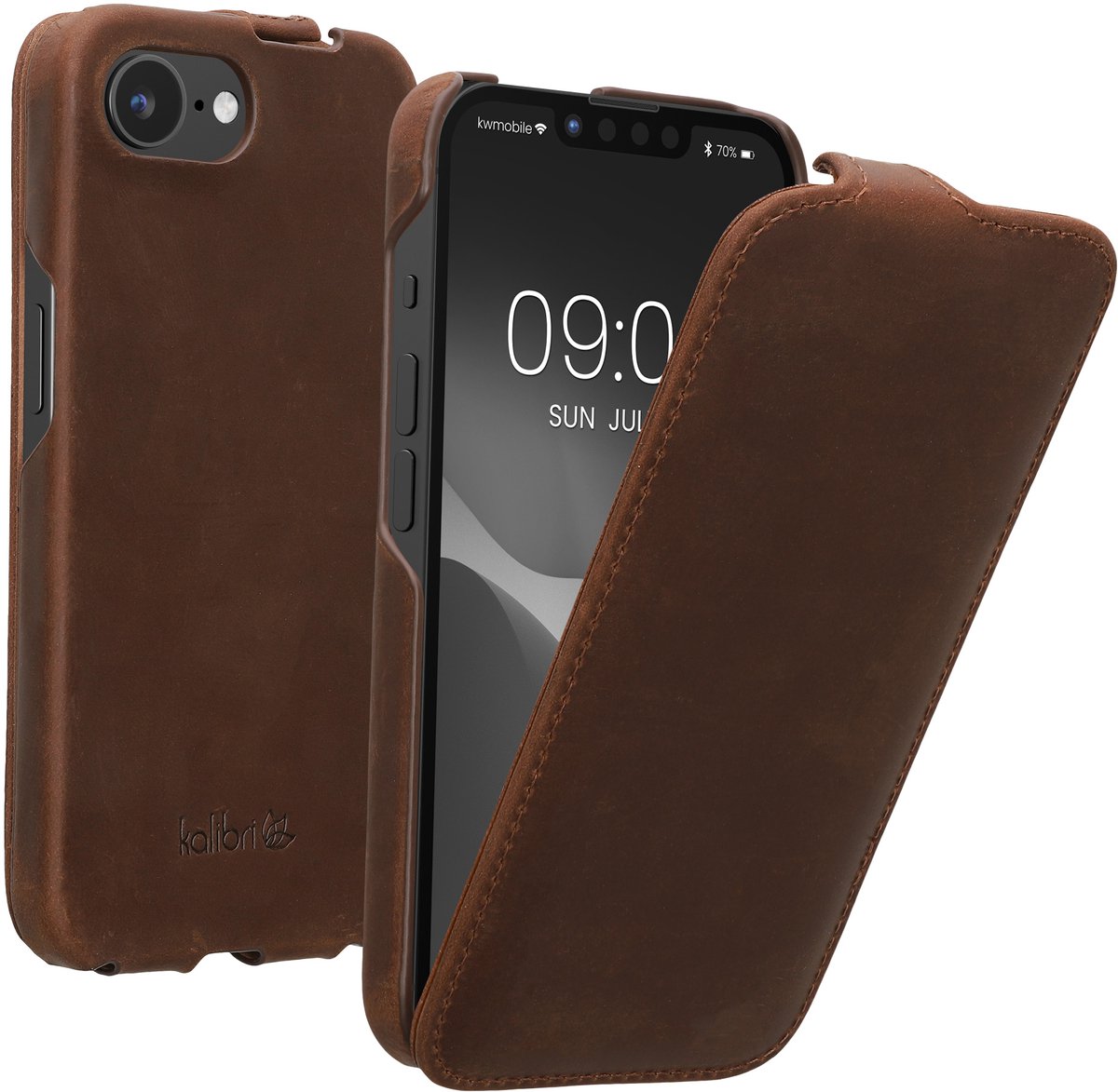 kalibri flip cover geschikt voor Apple iPhone 17e / iPhone 16e - ultradunne leren hoes voor smartphone - bruin