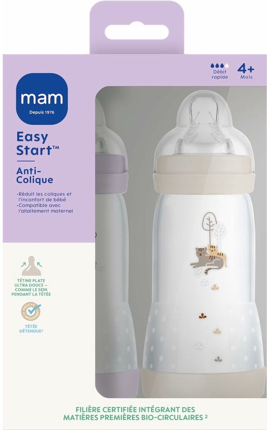 Set van 2 Babyflessen - MAM - Easy Start - Antikoliek - 320 ml - Flow 3 speen - Lila + Zand — afbeelding 2