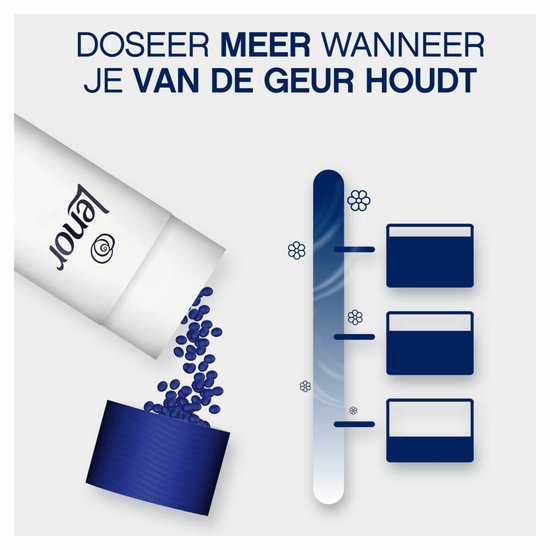 Perles de parfum Lenor dans une dosette bleue, à côté d'une échelle de dosage. "Dosez plus si vous aimez le parfum."