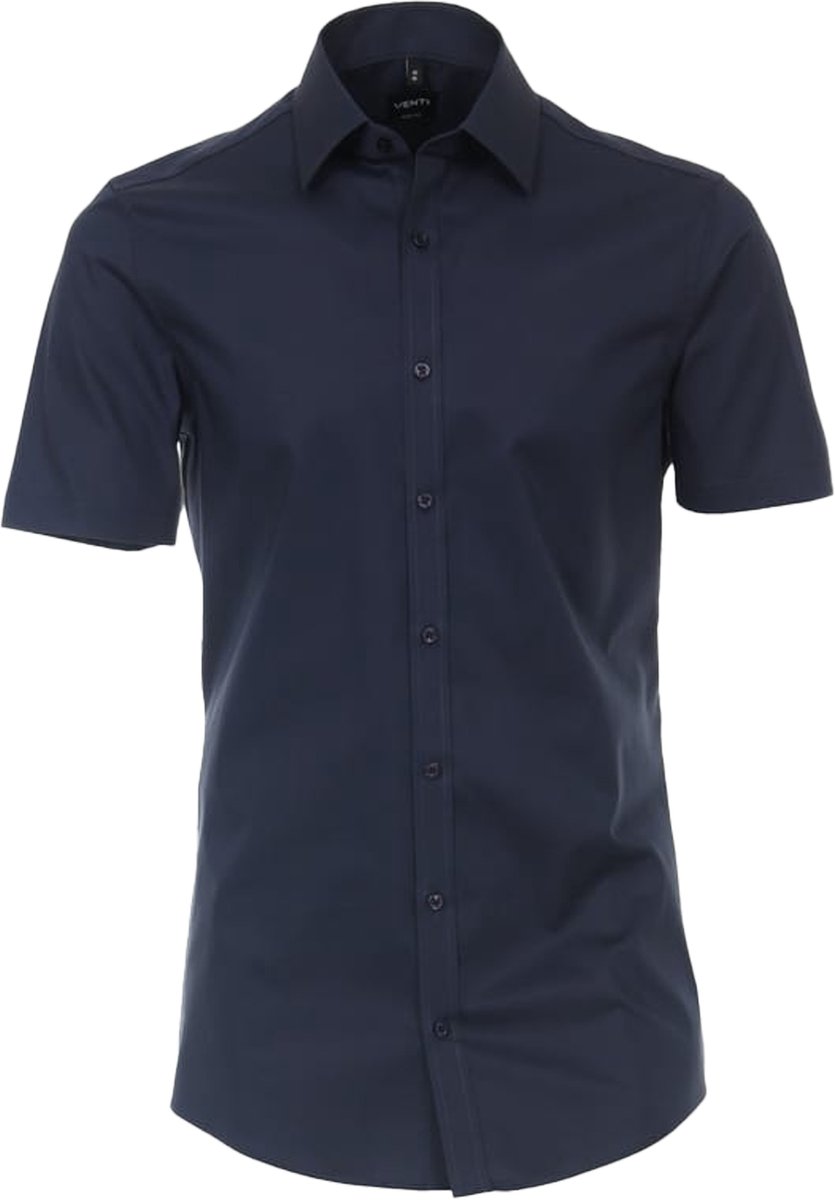 VENTI body fit overhemd - korte mouw - popeline - blauw - Strijkvriendelijk - Boordmaat: 36