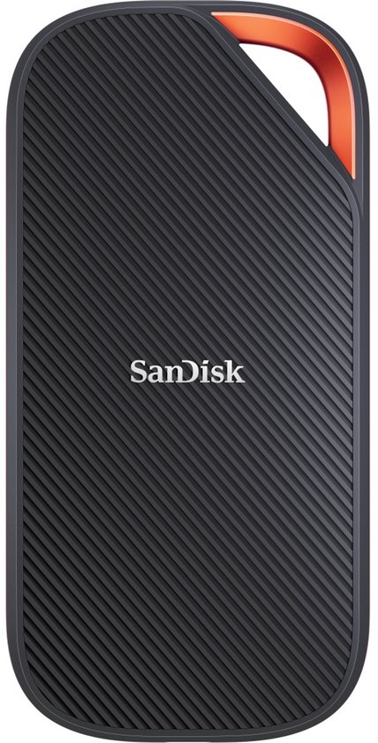 Zwarte SanDisk SSD met oranje lus en ribbelpatroon.