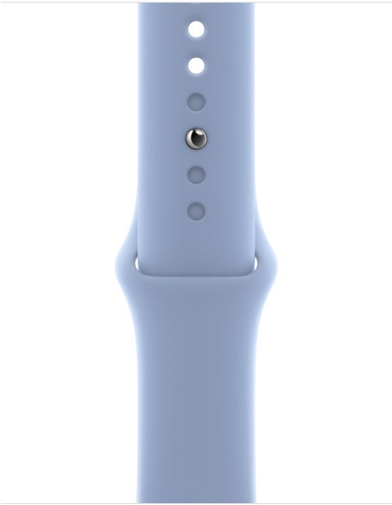 Sluiting van een blauwgroen Apple Watch sportbandje met pinnetje.