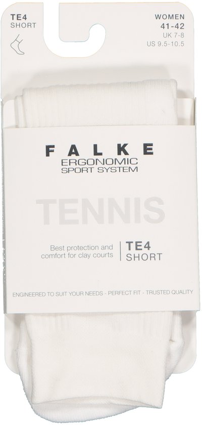 Verpakking witte Falke tennissokken met merknaam en productinformatie.