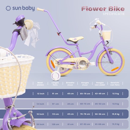 Flower Bike Fiets voor een meisje van 3 tot 5 jaar, 16 inch Lavendel, met fietsbel, zijwieltjes, duwstang en stuurmandje van Qplay — afbeelding 3