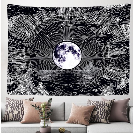 Ulticool Wandkleed 200x150 cm – Maan Sterrenhemel Natuur Bohemian – Met Bevestigingspinnen - voor Binnen - Aesthetic Room Decor Wandtapijt Decoratie Posters Boho Wanddoek Slaapkamer Tarot Kaarten Heks Zwart - Vrouw Man Tiener Meisje
