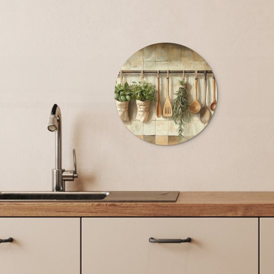 WallCircle® Wandcirkel 30x30 cm - Muurcirkel Hout - Keukengerei - Stilleven - Tegels - Muurdecoratie woonkamer - Wanddecoratie keuken - Kamer decoratie accessoires - Ronde schilderijen