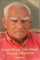Boek 'Vita di Moravia' van Alberto Moravia en Alain Elkann, met een portret van Moravia op de voorkant.