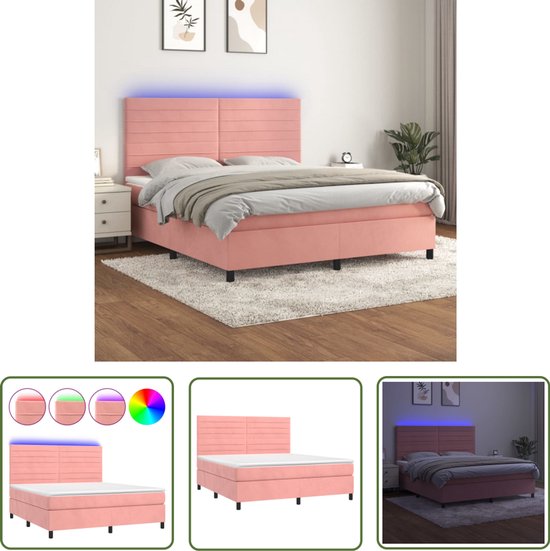 Roze Boxspring 180x200 cm met LED & Matras Boxspring - Tweepersoonsbed - Rooskleurig Bed - Velvet Bed - Led Bed