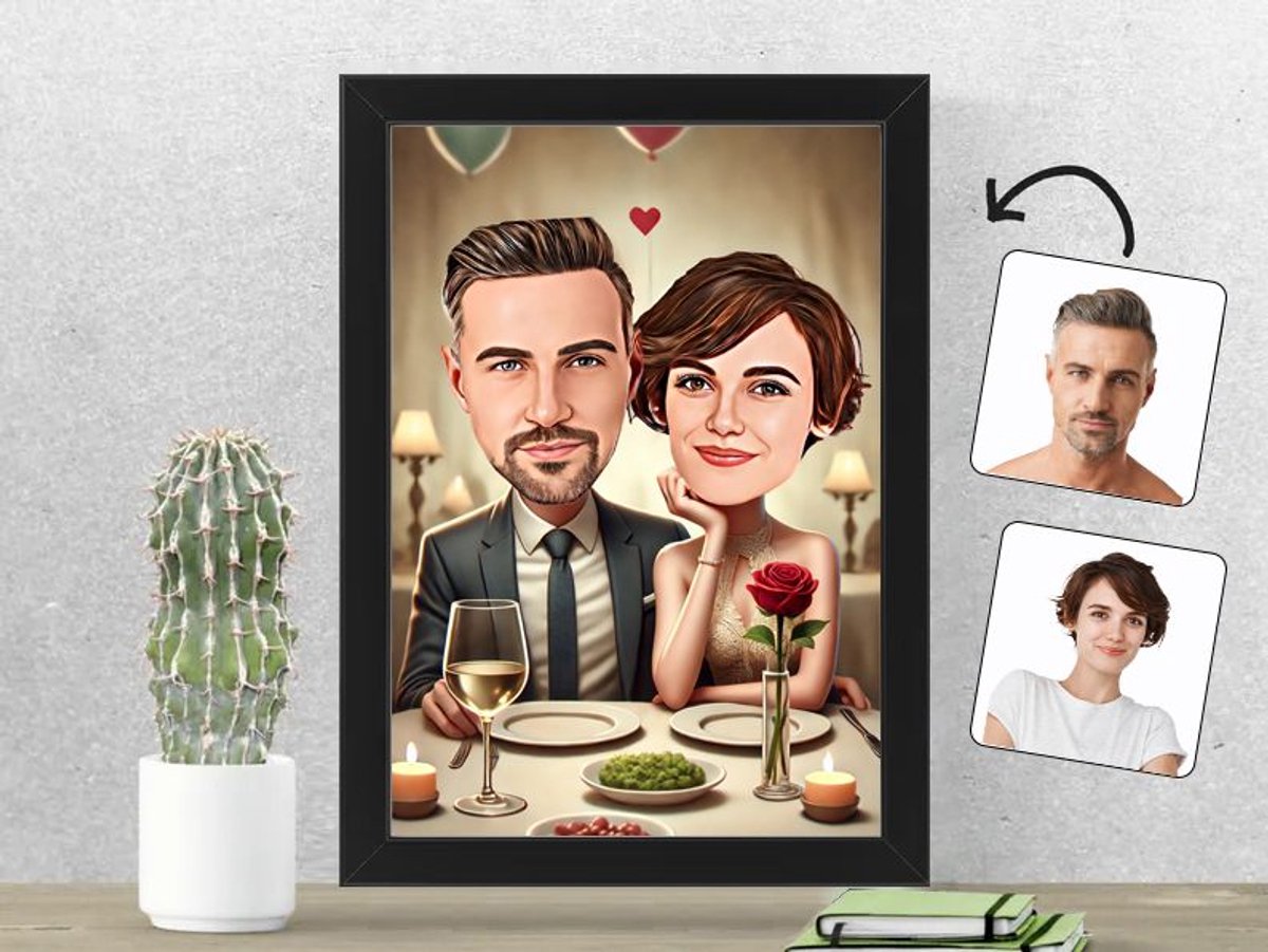 Intiem Diner in een Gezellige Restaurantsfeer - Gepersonaliseerde Karikatuur Fotolijst 21x30 cm - Gepersonaliseerd Cadeau - Met Jouw Foto - Verjaardag - Kerst - Valentijn - Uniek en Handgemaakt - Cadeau - Huwelijk - Moederdag - Vaderdag - Jubileum -