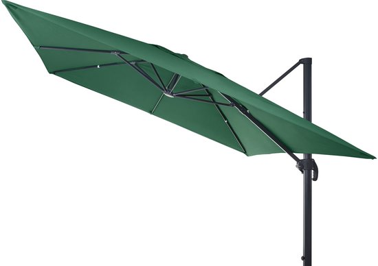 Donkergroene zweefparasol van onderen gezien, met metalen frame.