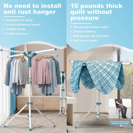 AISIR Drying Rack for Clothes, Indoor and Outdoor Clothes Rack, Foldable. with 4 Arms for Hangers, Height Adjustable, 110-180 cm