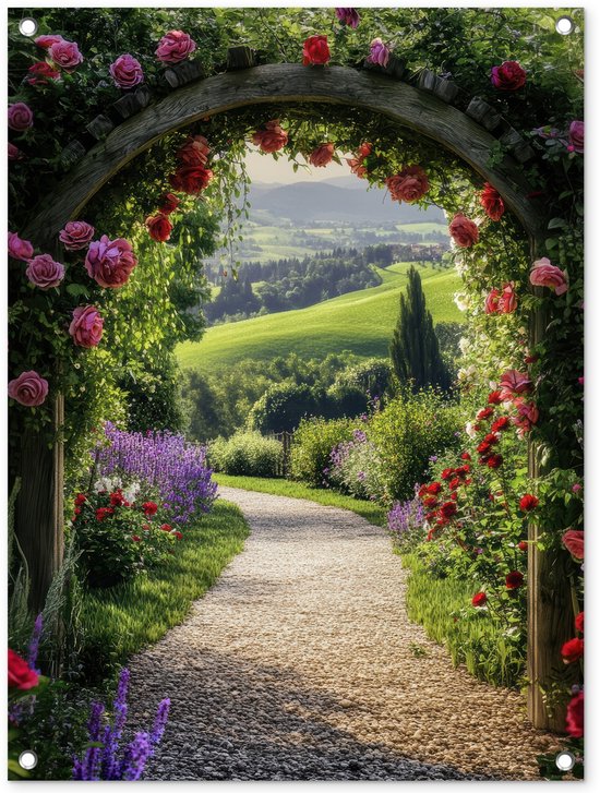 Tuinposter 60x80 cm - Tuindecoratie Doorkijk - Tuinboog - Bloemen - Natuur - Pad - Poster voor in de tuin - Buiten decoratie - Schutting tuinschilderij - Tuindoek muurdecoratie - Wanddecoratie balkondoek