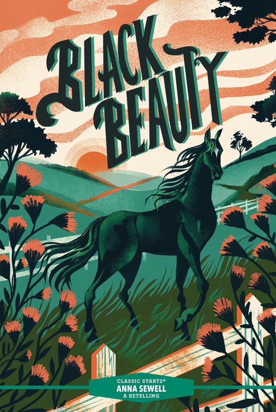 Een donkergroene paard rent door velden met oranje bloemen, met de tekst 'Black Beauty' boven een zonsondergang.
