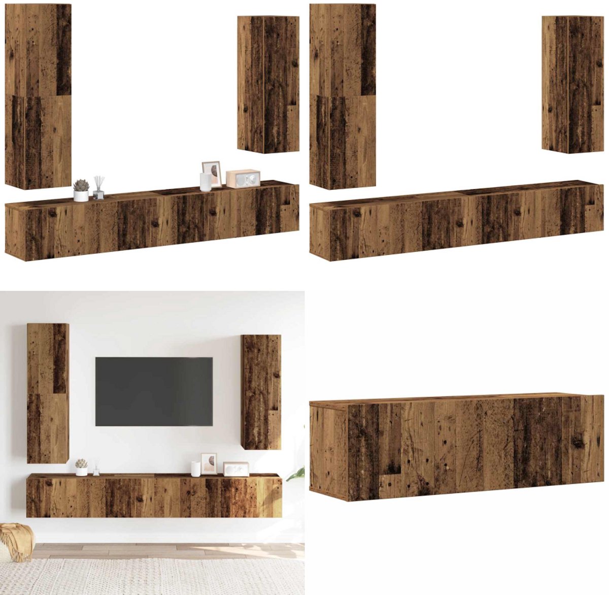 vidaXL - 4-delig - Tv-meubelset - wandmontage - bewerkt - hout - oud - houtkleurig