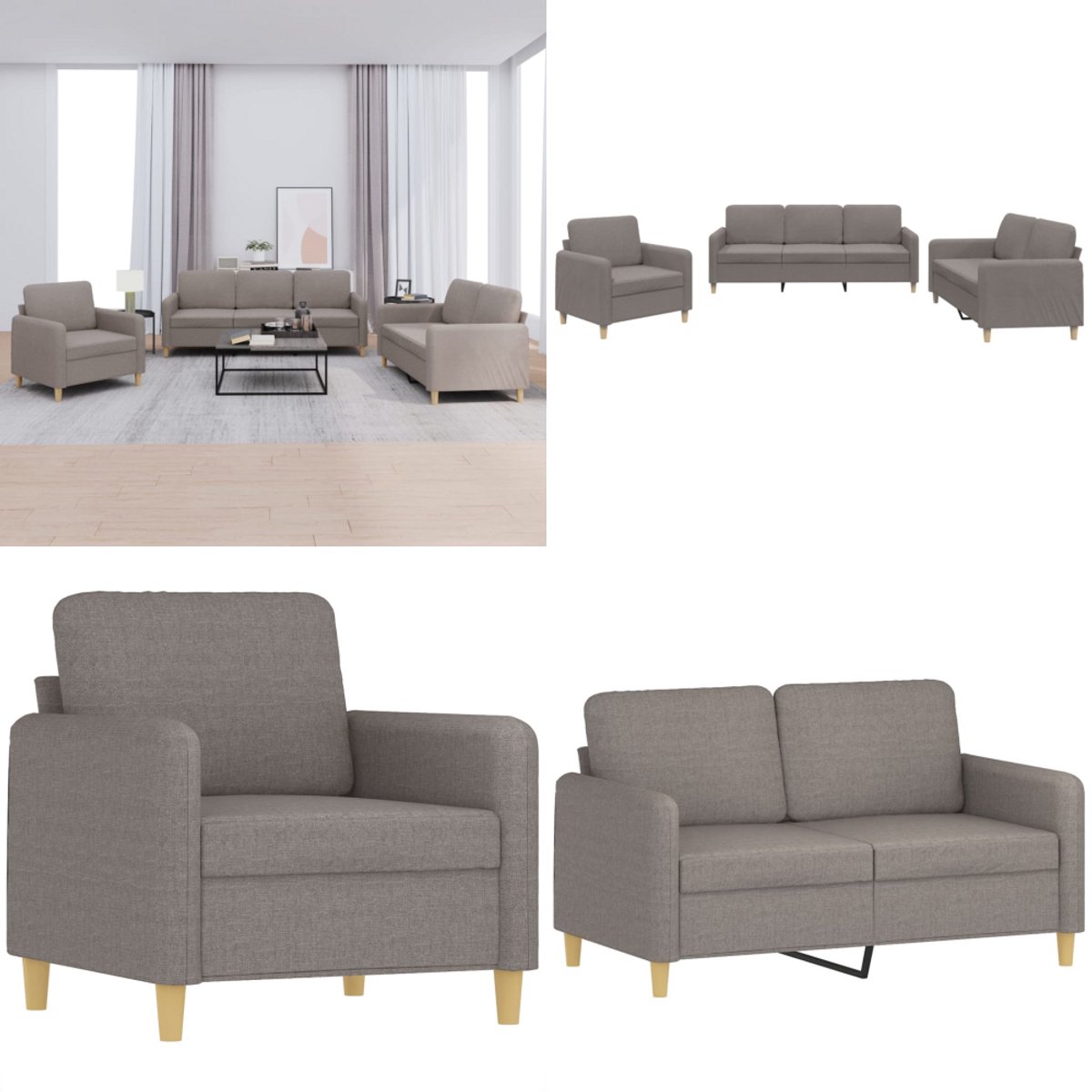 VidaXL 3-delige Loungeset met kussens stof taupe Bankstel Bankstellen Fauteuil 2-zitsbank