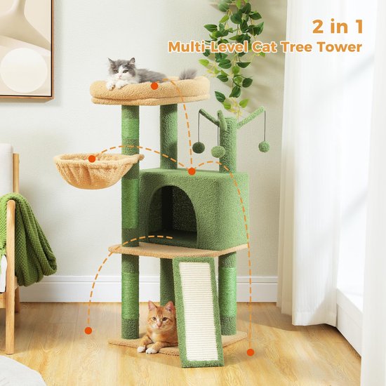 FEANDREA Kattenboom, 168 cm grote kattentoren met 13 krabpalen, 1 krabhelling, 2 zitstokken, 2 grotten, mand, hangmat, pompons, pluche kattenappartement met meerdere niveaus voor binnenkatten