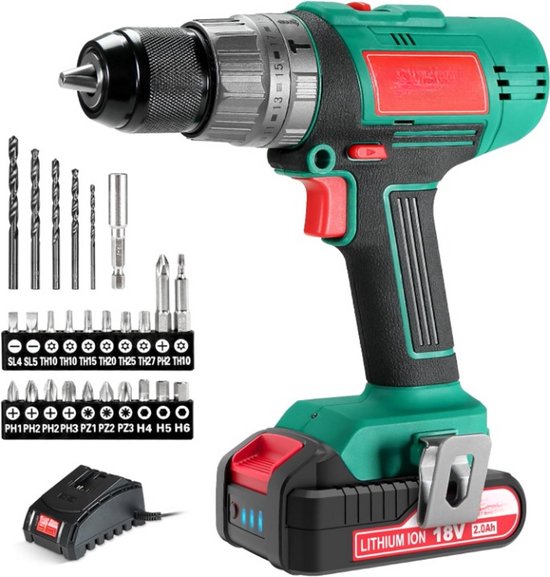 Accuschroevendraaier - Schroefboormachine - 2 Versnellingen Boormachine - voor Boren - Schroeven - Slagschroeven - 18V - met 53-delige Accessoireset - Max. Drill 45Nm - 2.0 Ah accu…