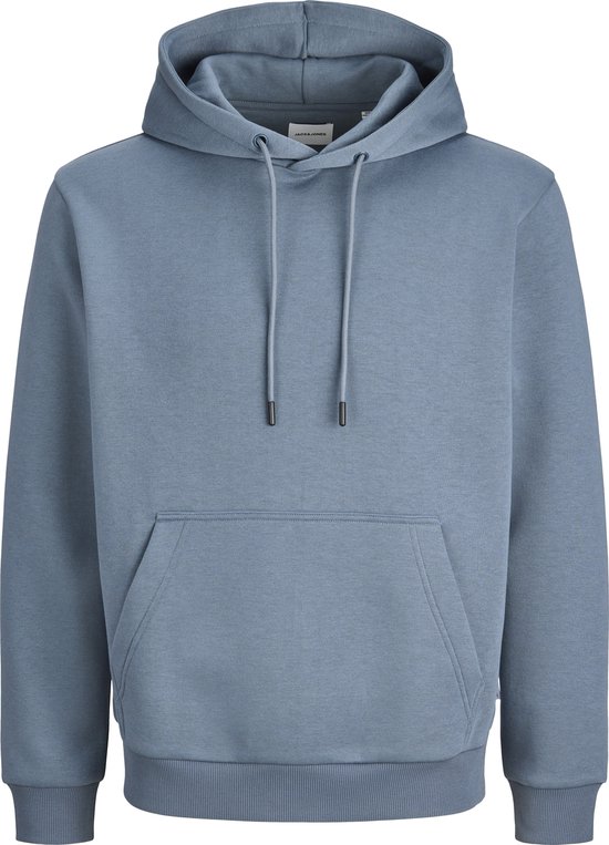 Sweat à capuche bleu uni avec cordon de serrage et poche kangourou, sur fond blanc.