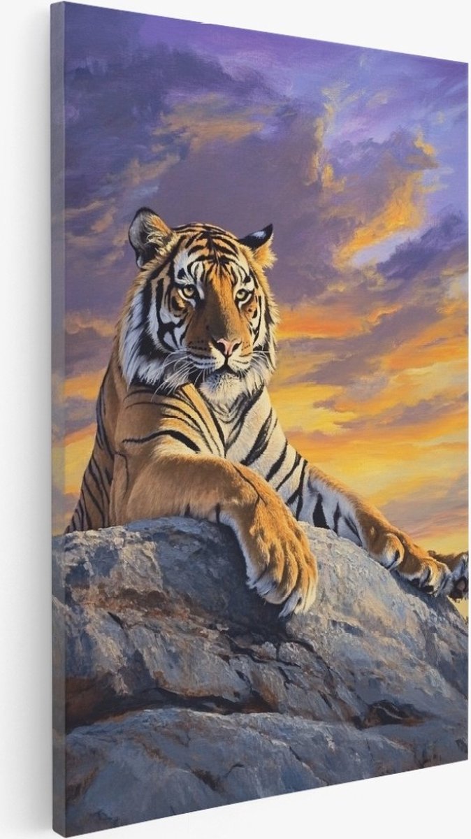 Saammp Canvas Schilderij - Tijger op steen - Dieren - Natuur - 50x70 - Foto op canvas - Wanddecoratie - Muurdecoratie Woonkamer - Slaapkamer decoratie - Canvas Print Multicolor