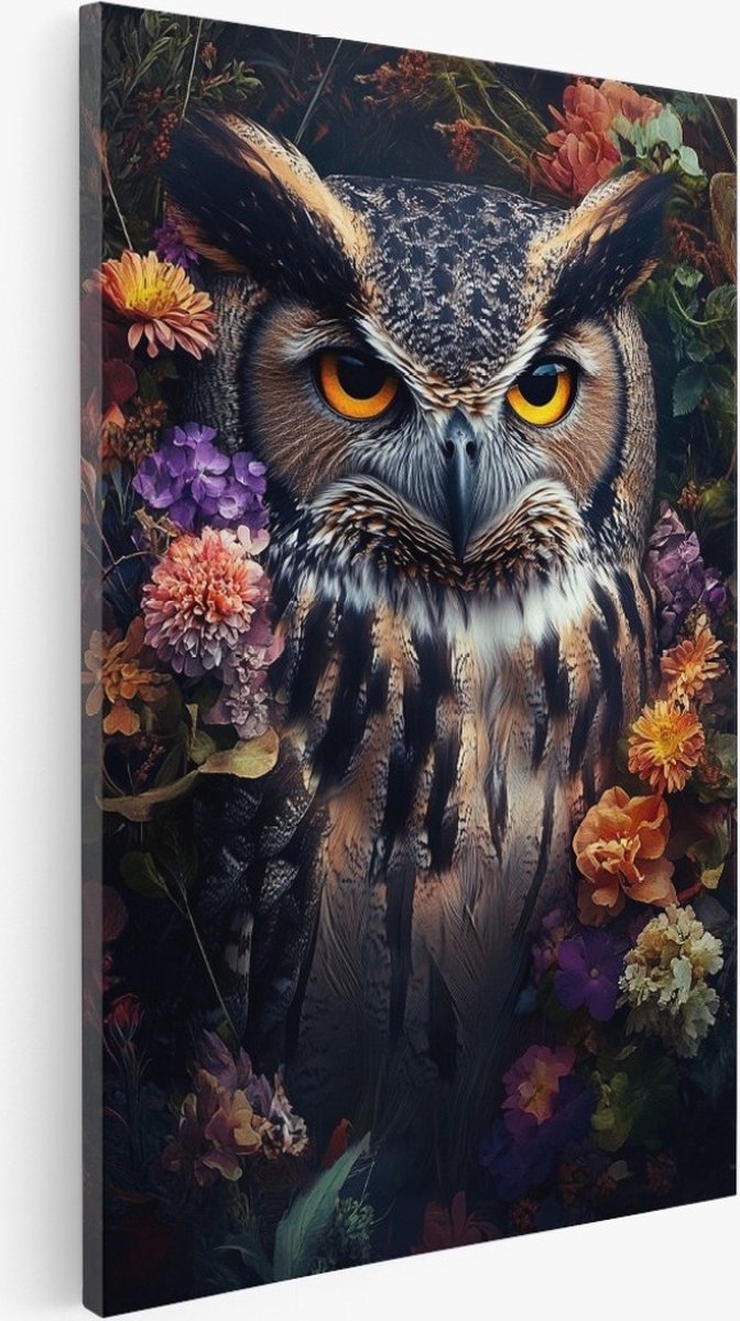 Saammp Canvas Schilderij - Abstracte Uil - bloemen - Natuur - Dieren - 50x70 - Foto op canvas - Wanddecoratie - Muurdecoratie Woonkamer - Slaapkamer decoratie - Canvas Print Multicolor