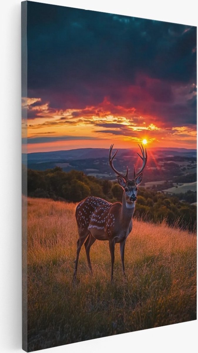 Saammp Canvas Schilderij - Hert met Zonsondergang - Dieren - Natuur - 30x45 - Foto op canvas - Wanddecoratie - Muurdecoratie Woonkamer - Slaapkamer decoratie - Canvas Print Multicolor