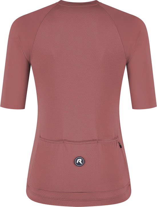 Achterkant roze damesfietsshirt met korte mouwen, drievoudige zak en geborduurd logo.