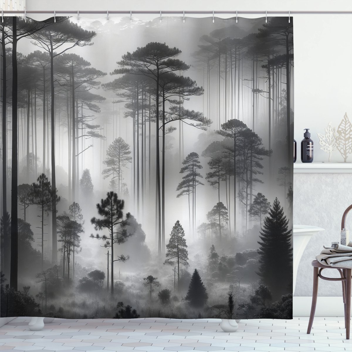 New Bed Zwart-wit Mistige bosboom Douchegordijn Badkamer Decor Set met Haakjes, 120 cm B x 200 cm L
