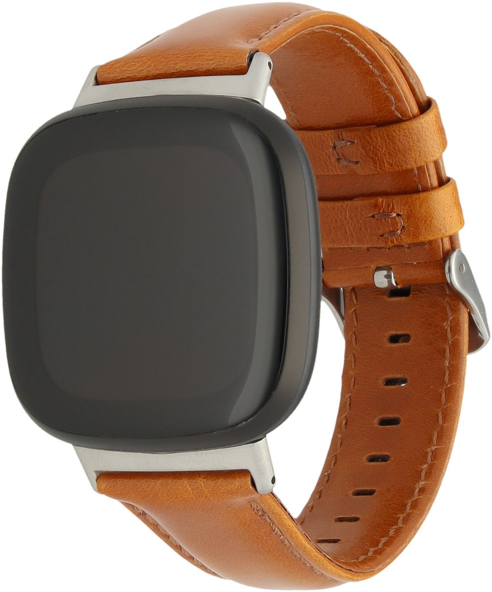 123watches genuine leren band - lichtbruin - ML - Geschikt voor Fitbit Versa 3 & 4 / Sense