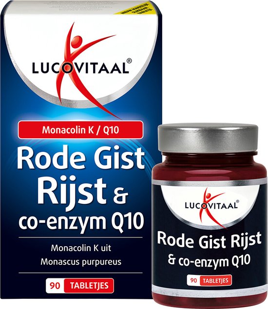 Doos en potje Lucovitaal Rode Gist Rijst & co-enzym Q10 met 90 tabletten.