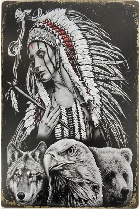 Wandbord - Indianen Vrouw Met Dieren