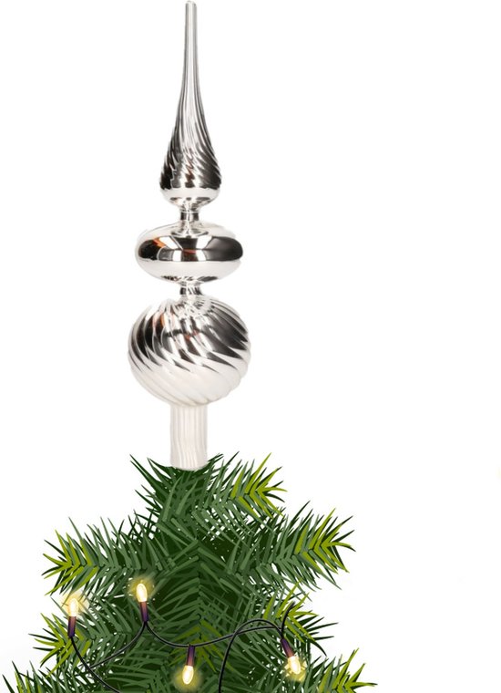 Piek/kerstboom topper glas H32 cm zilver swirl glans
