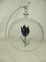 Glasdecoratie - hanger - 10 cm rond - glasbol - mondgeblazen - tulp blauw - bloem