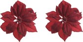 2x stuks decoratie bloemen kerstster rood glitter op clip 24 cm - Decoratiebloemen/kerstboomversiering/kerstversiering