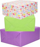 3x Rollen kraft inpakpapier paars/groen/happy birthday 200 x 70 cm - cadeaupapier / kadopapier / boeken kaften