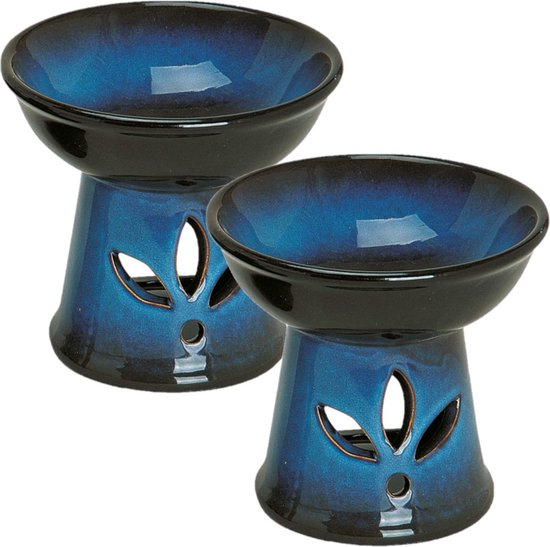 2x stuks ronde keramische geurbrander/oliebrander blauw/zwart 13 cm - Waxbrander - Aromabrander - Geurbranders - Geuroliebranders