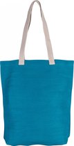 2x stuks jute canvas katoenen schoudertasje in het turquoise blauw 38 x 42 cm met lange ecru hengsels - Boodschappentassen - Goodie bags