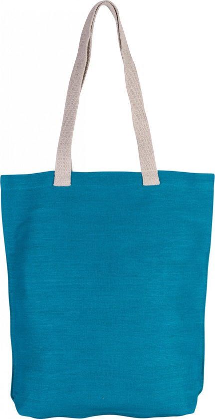 2x stuks jute canvas katoenen schoudertasje in het turquoise blauw 38 x 42 cm met lange ecru hengsels - Boodschappentassen - Goodie bags